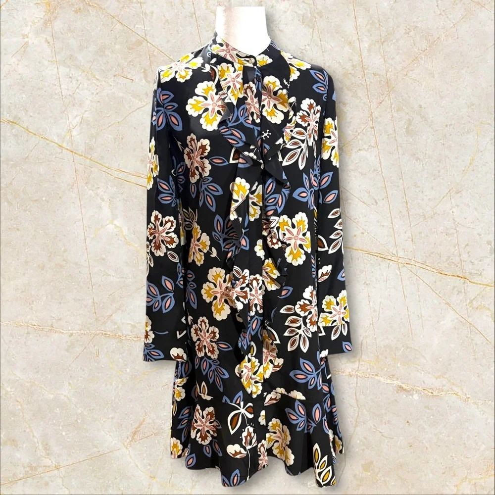 Tory Burch Jane Floral Silk Shirt Dress Black hopewell Print Size 6‎